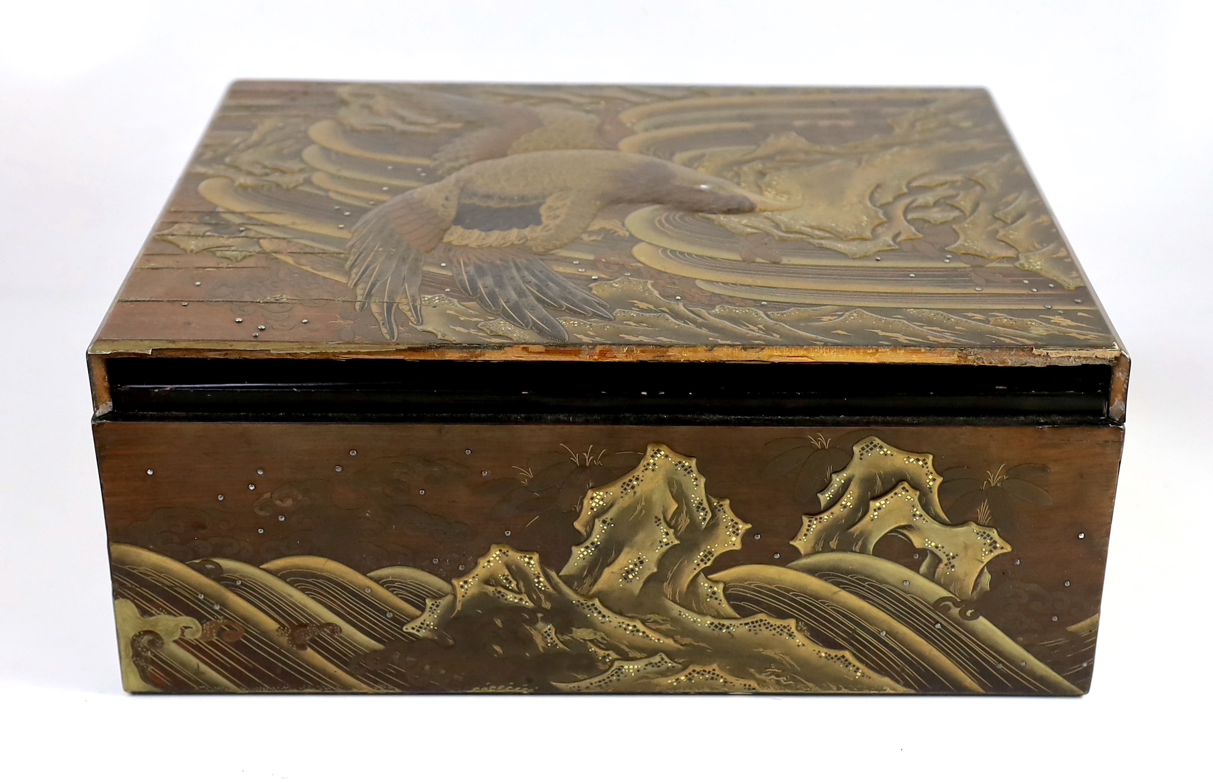 A Japanese lacquer ‘eagle and waterfall’ casket, Meiji period